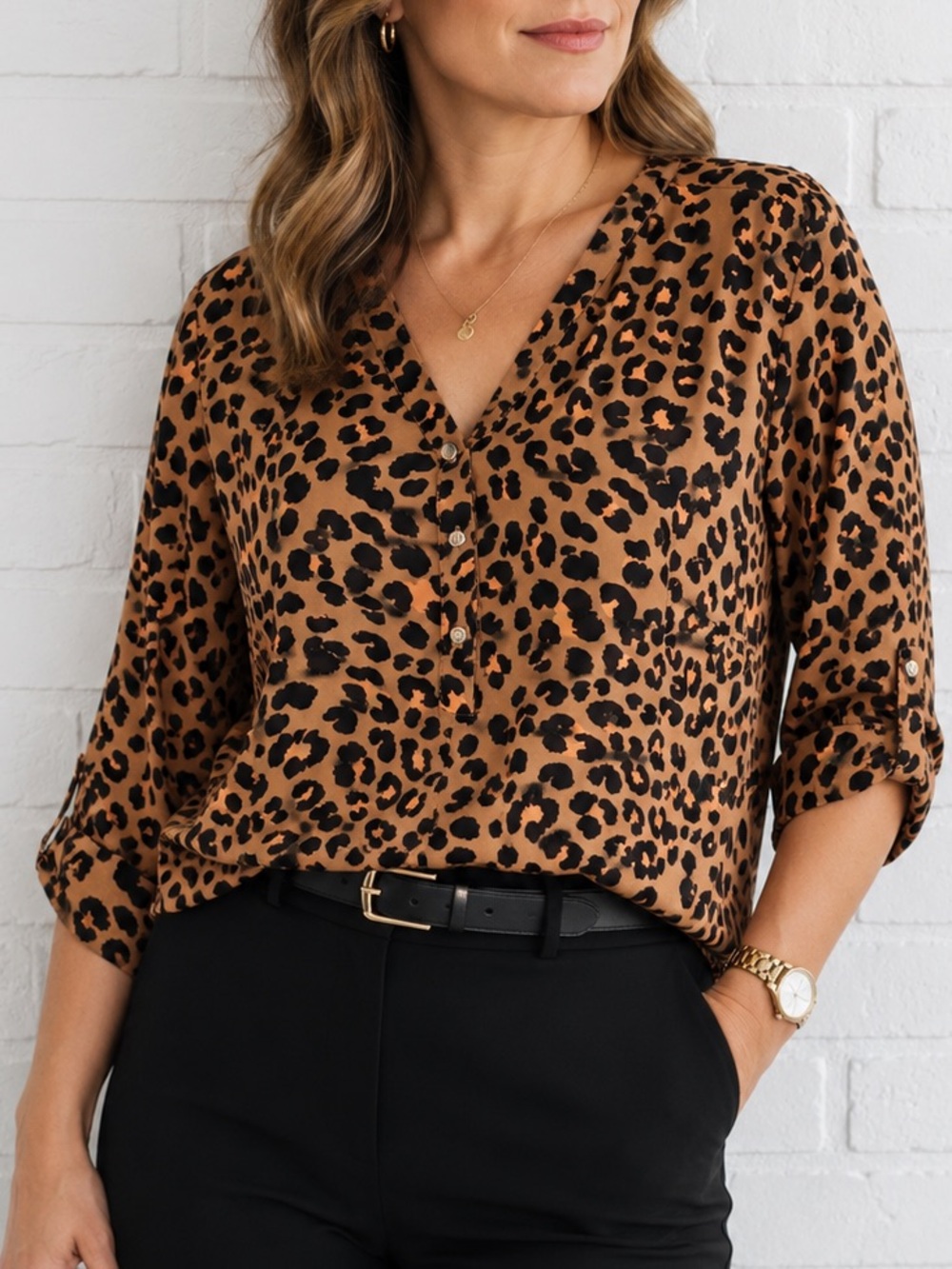 Leopard Print Blouse L V Neck Roll Tab Sleeve Animal Print Mob Wife Office Siren - Picture 1 of 9